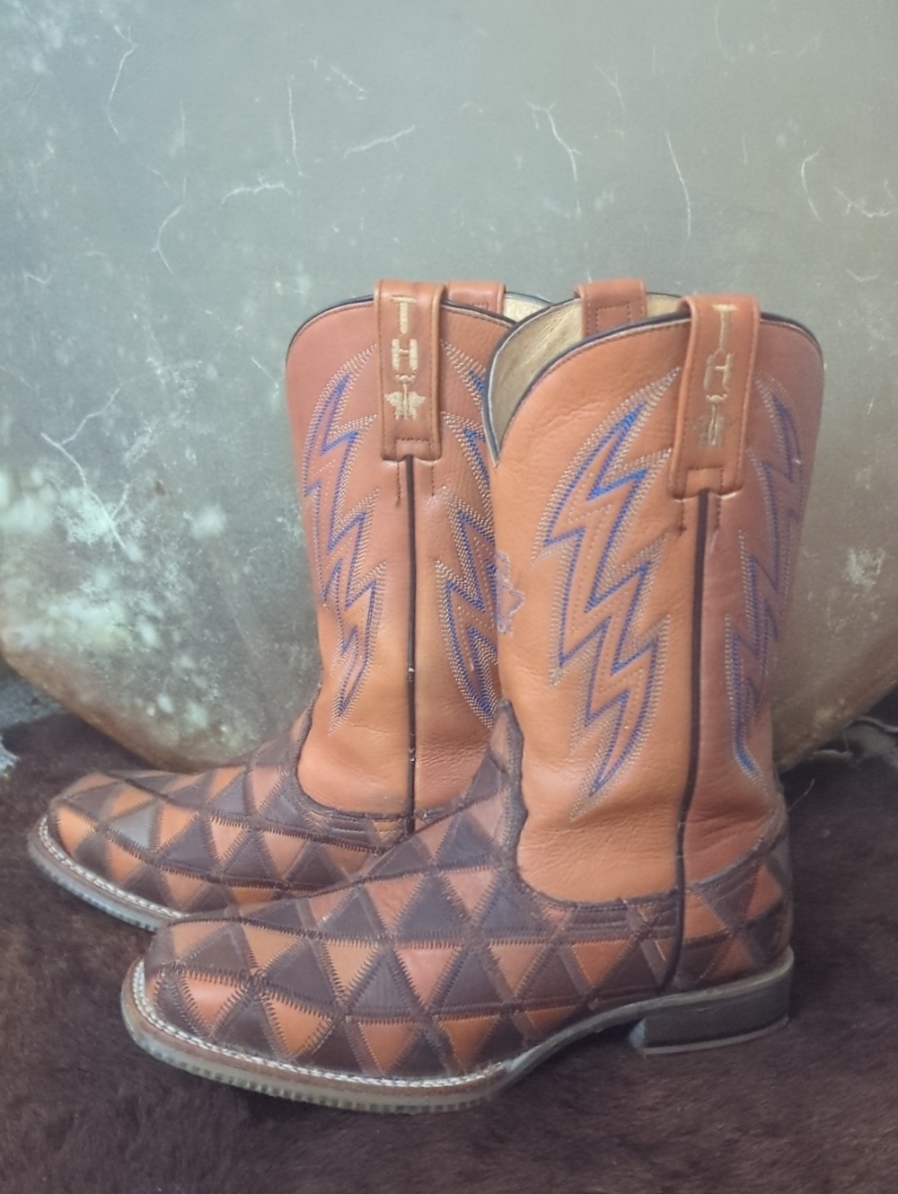 Kids/Boys TIN HAUL "Rocker" Brown/Orange Patchwork leather cowboy boots sz 5